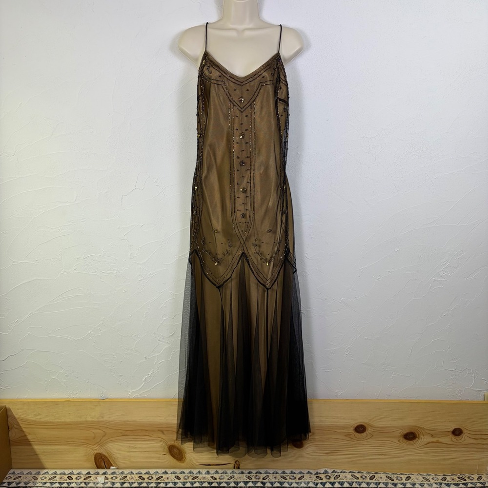Y2K Dave & Johnny Gown 15/16 Brown Gold Beaded Mesh Formal Vtg Whimsigoth Fairy